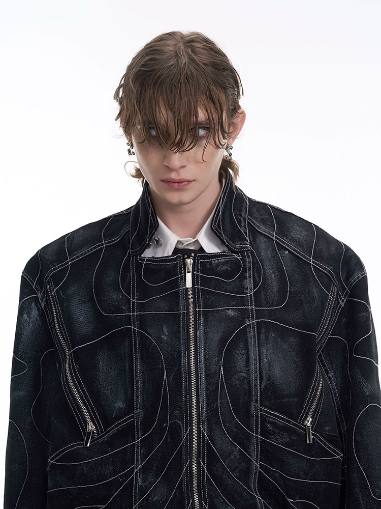 Lined Patchwork Zipper Denim Jacket
