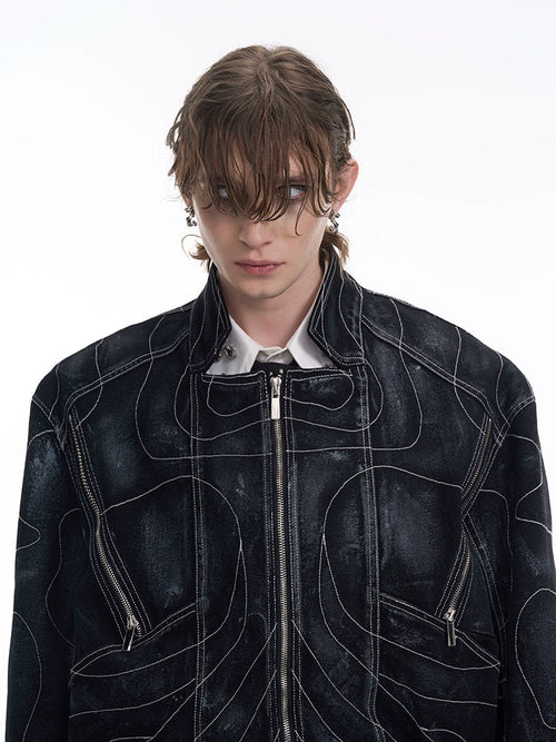 Lined Patchwork Zipper Denim Jacket