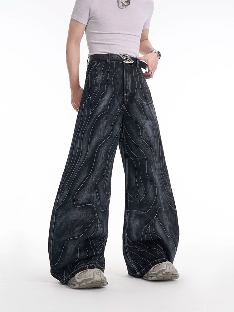 Lined Patchwork Zipper Loose Denim Pants