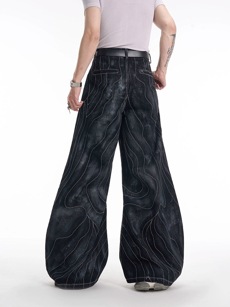 Lined Patchwork Zipper Loose Denim Pants